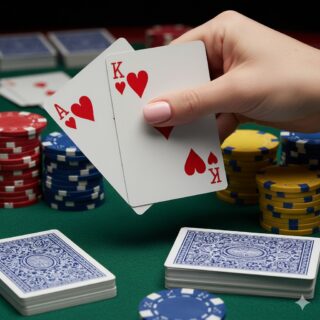 Frauenhand mit Pokerkarten und Chips – Pokerspielerinnen WSOP