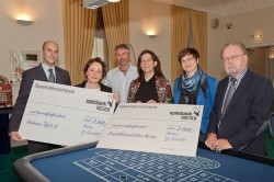 Spielbankdirektor Hans-Jürgen Strunck (rechts), WestSpiel-Pressesprecher David Schnabel (links) sowie Gabriele Graf (Mitte) und Andreas Thürnagel von der Filmproduktion Colonia Media übergaben je einen Scheck über 2.500 Euro an Jutta Schlockermann (2. V. links) von der Aachener Tafel und Claudia Berning (2. v. rechts) vom Ronald McDonald Haus. (Foto: Jan Grüger)