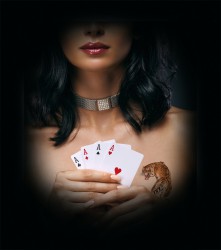 Poker player woman holding four aces.