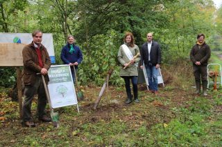 Getreu Luthers Motto: „Wenn ich wüsste, dass morgen die Welt unterginge, würde ich heute noch ein Apfelbäumchen pflanzen“, pflanzten (v.l.n.r) Förster und Waldbesitzer Raban Schmid-Mölholm, Heiner Rupsch (1. Vorsitzender Trinkwasserwald e.V.), Christiane Heinrichs-Vogel (Waldkönigin), David Schnabel (Geschäftsführer Merkur Spielbanken Sachsen-Anhalt) und Freiherr Clemens von Spiegel (Förster und Waldbesitzer) symbolisch einen Apfelbaum.