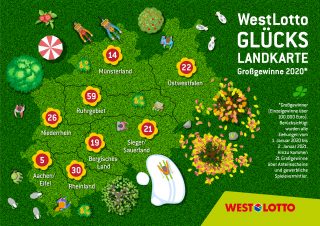 Die Gewinnerbilanz 2020: Während der zurückliegenden zwölf Monate gratulierte WestLotto nicht nur 31 Millionären, sondern auch 186 Tippern, die Beträge im sechsstelligen Bereich erzielt. Im Schnitt freute sich somit jeden zweiten Tag ein Spielteilnehmer in Nordrhein-Westfalen über einen Betrag in dieser Größenordnung.