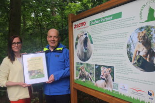 Die stellvertretende Zoodirektorin, Agata Furmann-Böttcher überreicht Dirk Bockholdt, Gruppenleiter Marketing bei LOTTO MV, die Patenschaftsurkunde für die Löwen. (Foto: LOTTO Mecklenburg-Vorpommern)