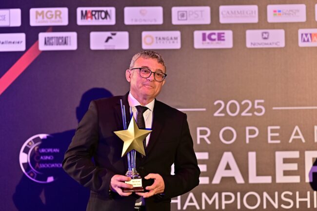 Éric Costantini, Technical Director at Société des Bains de Mer (SBM) Casino de Monte-Carlo, proudly receiving the inaugural “Slot Team of the Year” award at the European Dealer Championship 2025, held in Bregenz, Austria. (Photo: ECA)