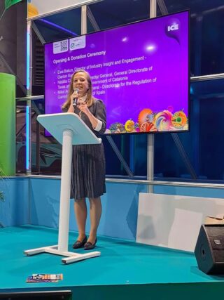 Ewa Bakun, Director of Industry Insight at Clarion Gaming, celebrated the record sum during the opening of the ICE Sustainable Gambling Zone. (Photo: Clarion Gaming)